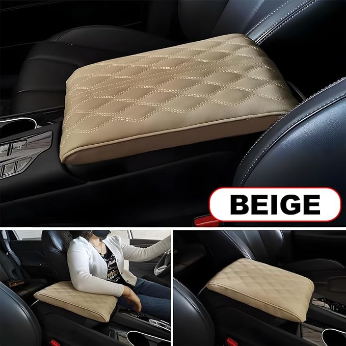 Car Center Console Cover, Leather Waterproof Vehicle Armrest Box Pad, Memory Cotton Comfortable Automotive Interior Seat Box Cushion Protector Accessories, Universal for Most Cars (Beige)