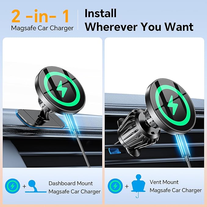 Coolpow for MagSafe Car Mount Charger【Upgraded Strongest Magnet Power】Magnetic Phone Holder for Car Vent【360 Adjustable】Magnetic Car Phone Holder Mount Charger for iPhone 16 Pro Max 15 14 13 12 Plus