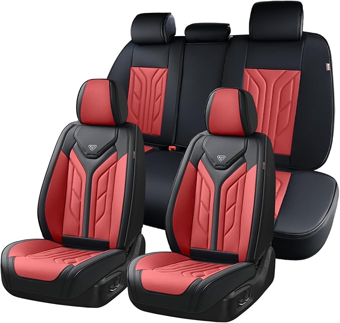 Coverado Car Seat Covers Full Set, Automotive Seat Covers Car Seat Protector Car Seat Cushion, Waterproof Leather Seat Covers for Cars, Universal Fit for Most Sedans SUV Pick-up Truck(Burgundy)