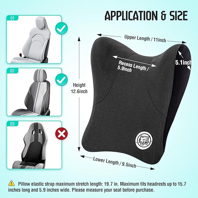 Car Neck Pillow for Driving Seat, Soft Memory Foam Headrest Pillow with Adjustable Strap and Removable Cover, Ergonomic Neck Support for Car, Office Chair, Gaming Chair – Dark Grey
