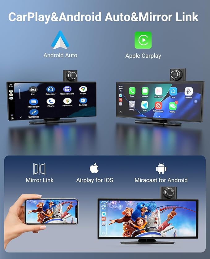 Wireless CarPlay and Android Auto 11.26-inch Touchscreen, 4K Dash Camera and 1080p Backup Camera, Universal Portable car Display, Equipped with 64G Memory Card