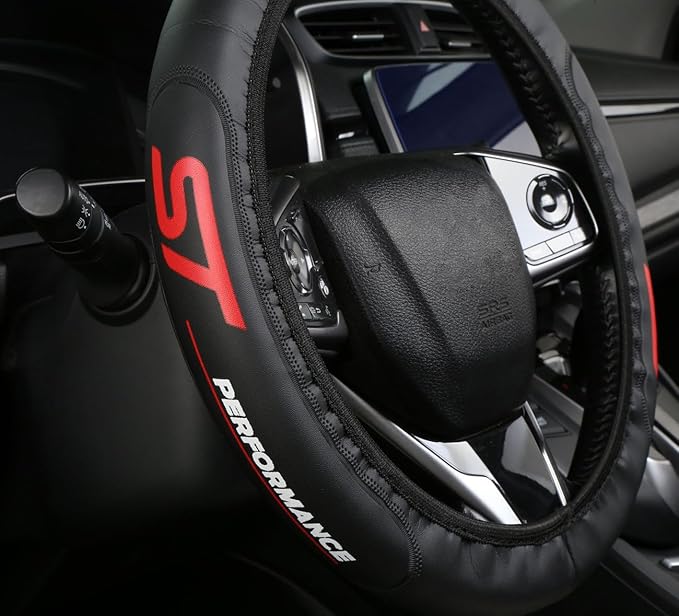 Black Leather Steering Wheel Cover,Elastic Breathable Design,Universal 14-15 Inch Compatible with ST Focus Mondeo Explorer kuga Fiesta Edge Car Accessories