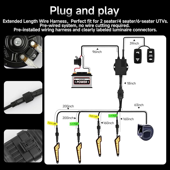 DREAMIZER UTV Turn Signal Kit with Horn, Plug and Play, Pre-Wired, UTV ATV Blinker with Rocker Switch Universal Street Legal Kit with Hazard light Compatible with Polaris, Can-Am, Teryx, CFMOTO