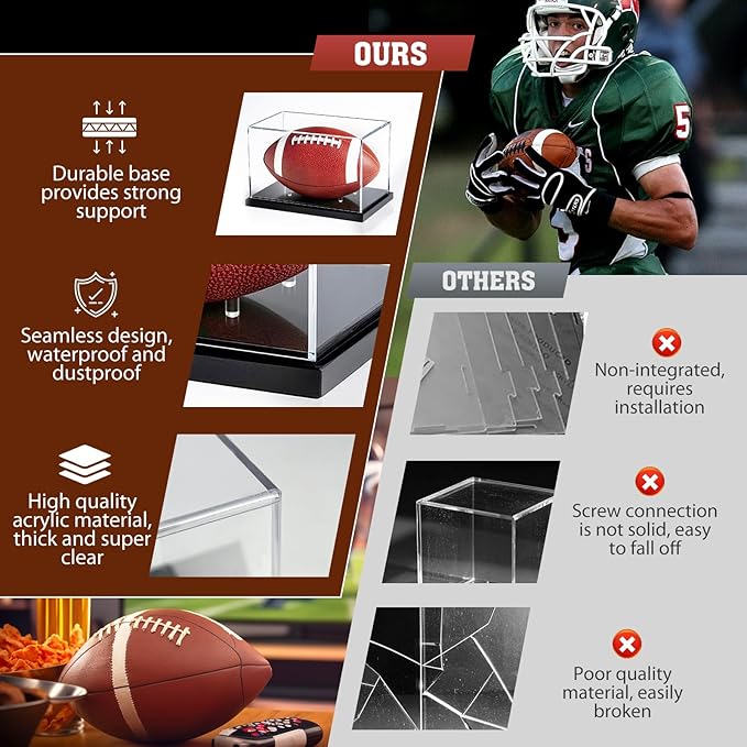 Football Display Case, Acrylic Football Case Display Clear, UV Protected Memorabilia Holder, Football Stand for Autographed, No Assembly Required