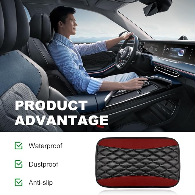 Car Center Console Cushion Pad, 12.6 × 7.48 Inches Waterproof Car Armrest Seat Box Cover, PU Leather Armrest Cover Protector for Most Vehicle, Universal Car Interior Accessories (Wine Red)