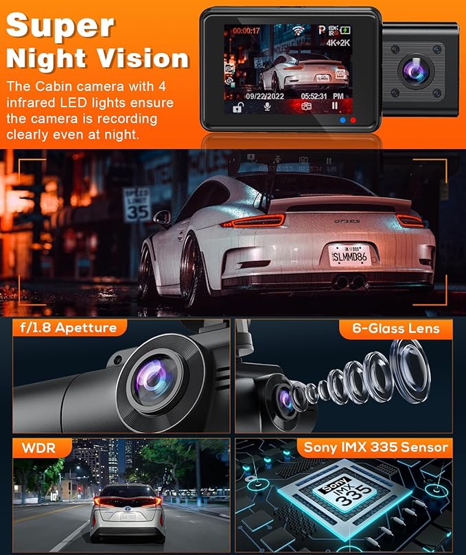 Moplasz Dash Cam Front Rear, 4K Full HD Dash Camera for Cars, Included 32GB Card, 3 Channel Dashcam Built-in Wi-Fi GPS, Night Vision, WDR, 24H Parking Mode (2160p Dash)