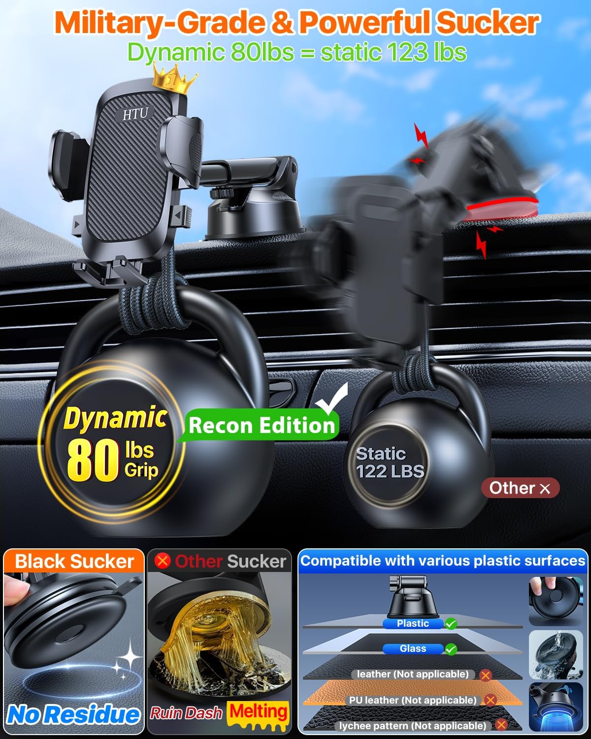 2025 Ultimate Car Phone Holder【80+LBS Strongest Suction & Military-Grade】 Universal Cell Phone Holder Truck Car Mount for Dashboard Windshield Air Vent for iPhone 16 Pro Max 15 Samsung 2pcs,Black