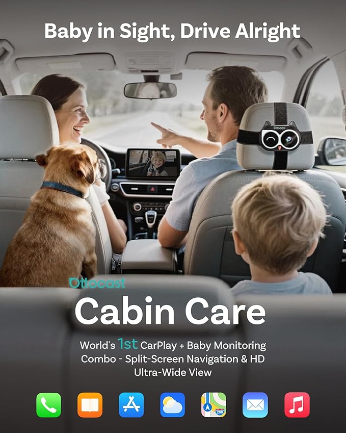 OTTOCAST Cabin Care Baby Car Camera 2026,Uses Your Car's Built-In Screen,No Extra Screen Needed,Split Screen for CarPlay and Baby View,No-Glow Night Vision,Plug&Play,150°Wide Angle(No Android Support)