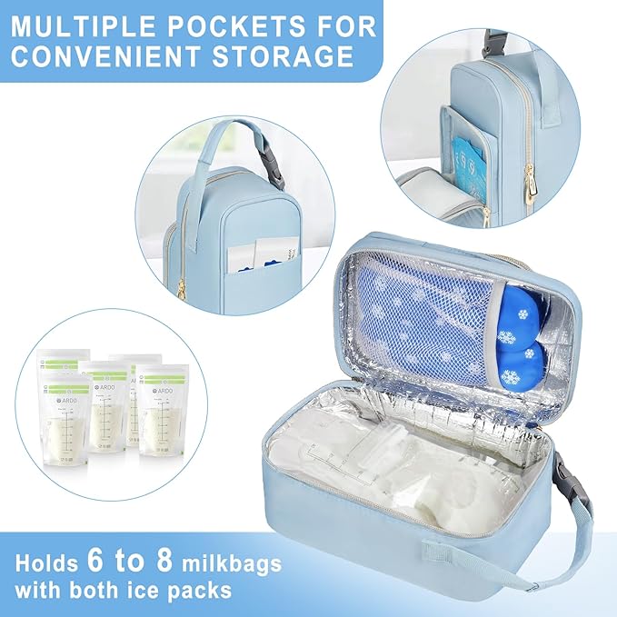 Breastmilk Cooler Travel bag with Ice Pack,Portable Breastmilk Cooler Bag with Buckle Handle,Insulated Breastmilk Storage Bag Cooler,Blue