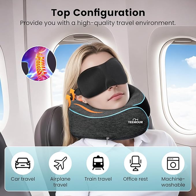 Travel Neck Pillow for Airplane -Memory Foam Travel Pillow for Long Flights/Car Sleep 360° Support Airplane Pillow, With Eye Mask & Earplugs, Portable Carry Bag | Airplane Accessories Washable Cover