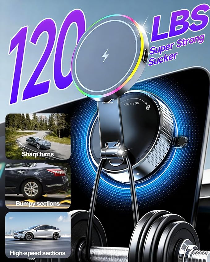for Magsafe Car Mount Charger, 15W Fast Charging Wireless Car Charger [120LBS Suction &3800gf Magnet] 780° Adjustable, Vacuum Magnetic Phone Holder for Your Car for iPhone & Android, Metal Stand Rotor