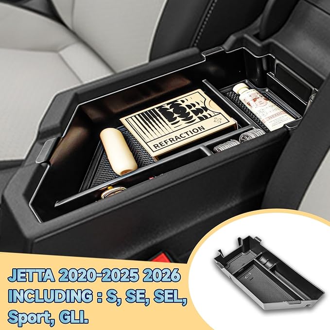 Center Console Insert Tray Compatible with Volkswagen Jetta 2020 2021 2022 2023 2024 2025 2026 Accessories, Armrest Box Organizer Storage Tray for 2020-2026 Jetta S/SE/SEL/Sport/GLI, Black