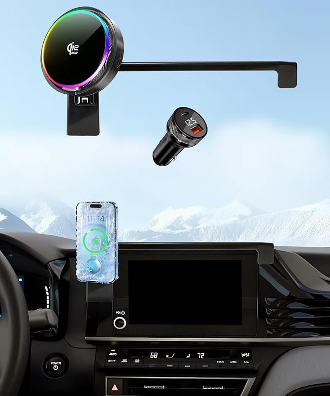 Qi2.2 25W Magnetic Car Mount Charger for 2025 2026 Toyota Camry Accessories, for Fast Charging Cell Phone Holder 8 Inch Screen Fixed Clip with Cooling Fan＆54W Fast Adapter
