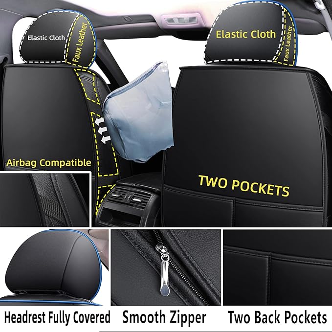 CAPITAUTO Seat Covers, Car Seat Covers Full Set, Black Car Seat Cover, Car Seat Covers Front Seats Back Seat Cover, Waterproof Faux Leather Seat Covers Fit for Most Cars Trucks SUV(Black&Blue)