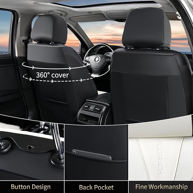 FLORICH Seat Covers Full Set Luxury Faux Leather Front and Rear Car Seat Cover Waterproof Automotive Seat Covers 5 Seats Car Seat Protector Universal Fit for Most Cars SUV Trucks, Black&White