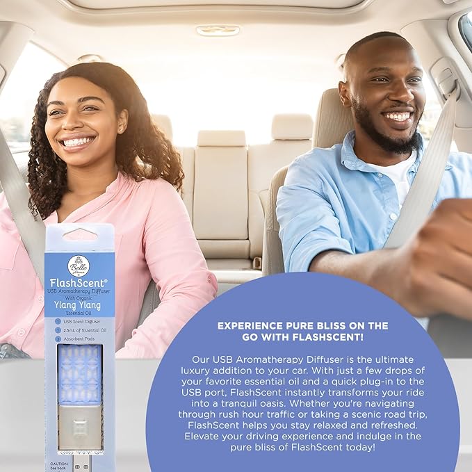 Belle Aroma® FlashScent™ USB Aromatherapy Bundle - for Car, Office, Home, and Travel - Includes 1 Serenity Blue Ylang Ylang Oil Diffuser Kit, 1 Lavender FlashScent Essential Oil, and 7 Refill Pads