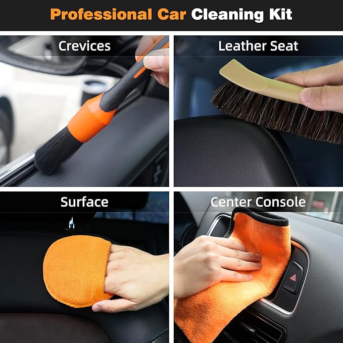 9PCS Car Detailing Brush, Horse Hair and Boar Bristle Brush Set with Elbow Adapter, Microfiber Wax Applicator Pads, Drying Towel and Cleaning Gel,Cleaning Kit for Interior Exterior