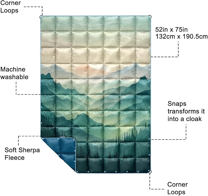 zzlamb Camping Blanket for Cold Weather,Outdoor Puffy Blanket Portable Down Alternative,Windproof Warm Cloak with Snaps,Cozy Quilt Backpacking Picnic RV Travel Plane Car Hammock Beach Climbing