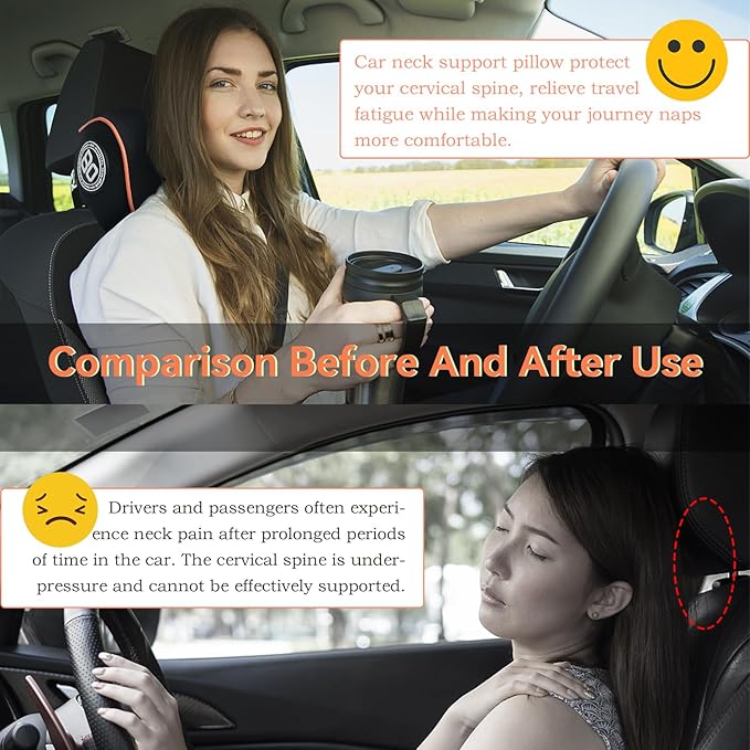 SPRFUFLY Really Comfy Car Headrest Pillow, Car Pillow for Driving with Adjustable Strap, Space Memory Foam Neck Pillow, Breathable Removable Cover - Travel Neck Pillow(Lightorange Side Rope)