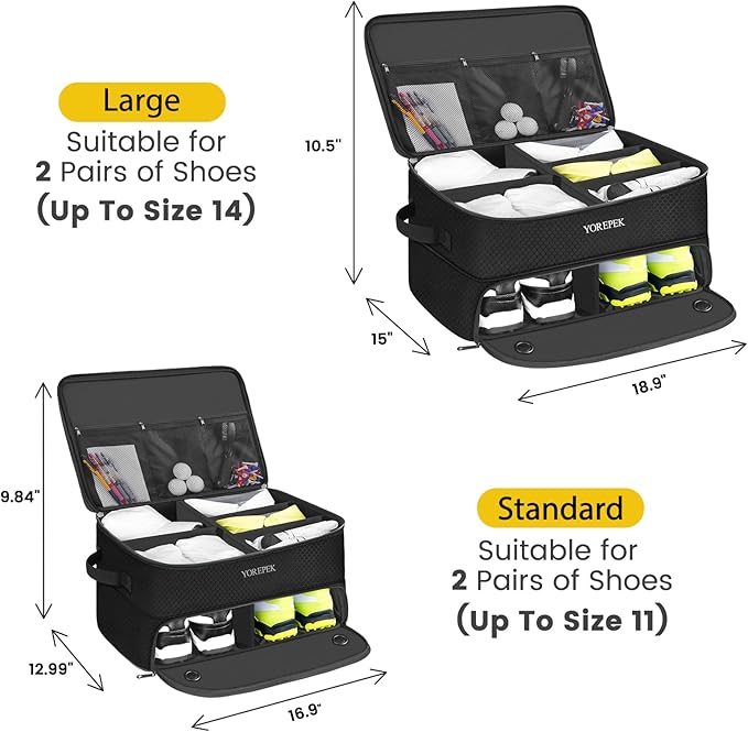 YOREPEK 2 Layer Golf Trunk Organizer, Golf Gifts for Men with Separate Ventilated Compartment for 2 Pair Shoes, Waterproof Car Trunk Locker for Balls, Tees, Clothes, Gloves, Gifts for Golfers