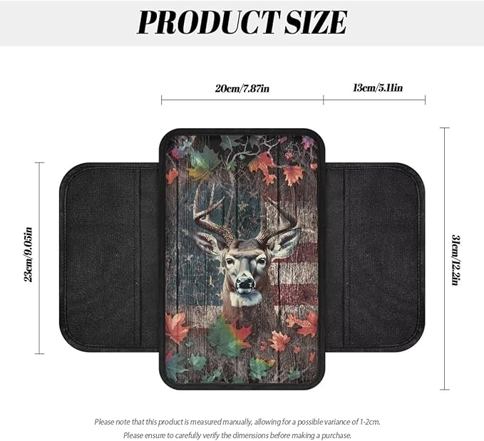 Deer Flag Leaf Print Car Center Console Cover Soft Armrest Seat Box Cover Protector Wear-Resistan Vehicle Armrest Cover Pad Car Armrest Cover Cushion with 2 Storage Bags