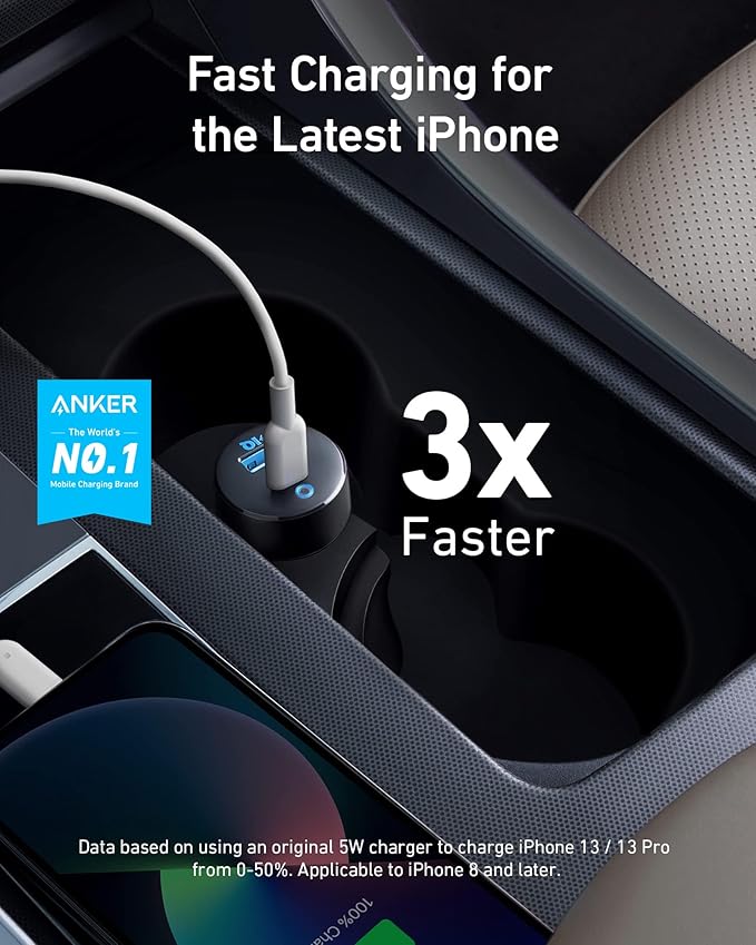 Anker USB C Car Charger, Compact 32W 2-Port, LED Indicator Type C Charger with 20W Power Delivery & 12W PowerIQ, Compatible with iPhone 15 14 13 12 Series, Pixel 3 2 XL, iPad Pro & More Devices