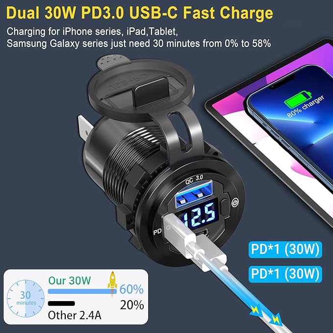 USB C Car Charger Socket 12V USB Outlet 2 Pack: Aluminum Metal 78W Dual PD 30W and 18W QC3.0 Port Multi Charger Outlet with LED Voltmeter Power Switch for RV Motorcycle Boat Marine