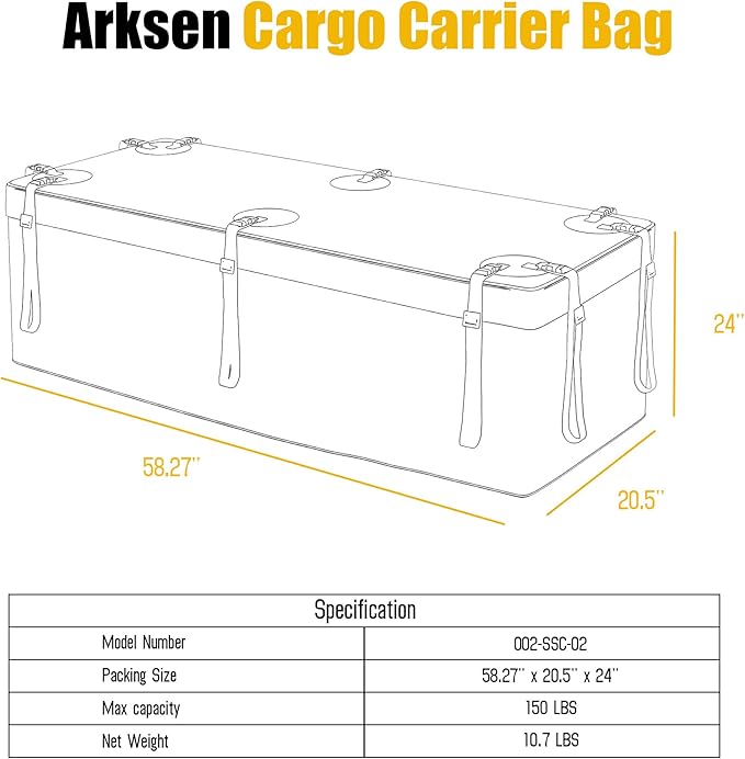 ARKSEN Waterproof Hitch Cargo Carrier Bag with Combination Lock for Truck SUV RV Trailer- Include Net, Heavy Duty Stainless Steel Hitch Tightener, Anti-Rattle Stabilizer, 2 pcs 19.7Ft Straps
