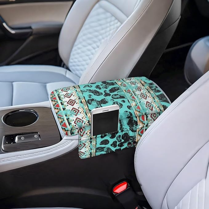 Wanyint Aztec Cow Print Teal Auto Center Console Armrest Cover Arm Rest Seat Box Protective Cover with Side Storage Pockets Comfortable Middle Console Pad for Car Side Storage Box
