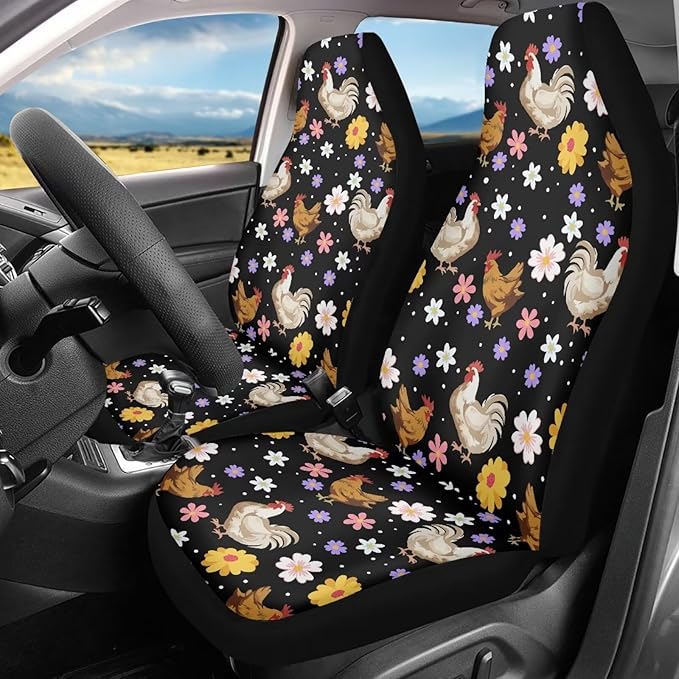 BIGCARJOB Boho Chicken Car Seat Protector - Full Set of 2 Pieces Hippie Daisy Chicken Vehicle Bucket Seat Pad for Women's Auto Interior