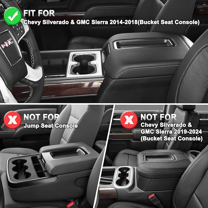 Center Console Cover Replacement for Chevy Silverado & GMC Sierra 1500 2500 3500 2014-2018, Vinyl Leather Upholstery, Anti-Scratch, Black-Gray Stitch (Fits Bucket Seat Console Only)