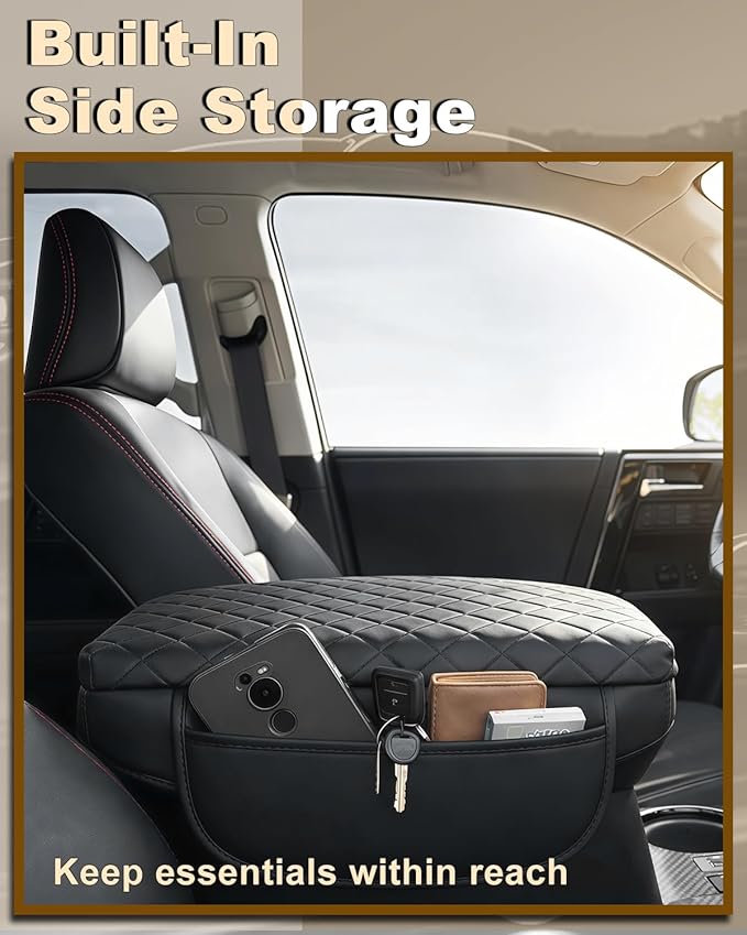 Armrest Cover for Jeep Wrangler JL Center Console Pad with Organizer Storage Pockets, Black Faux Leather Arm Rest Lid Cushion Accessories (2018-2026 Wrangler JL/Gladiator JT)