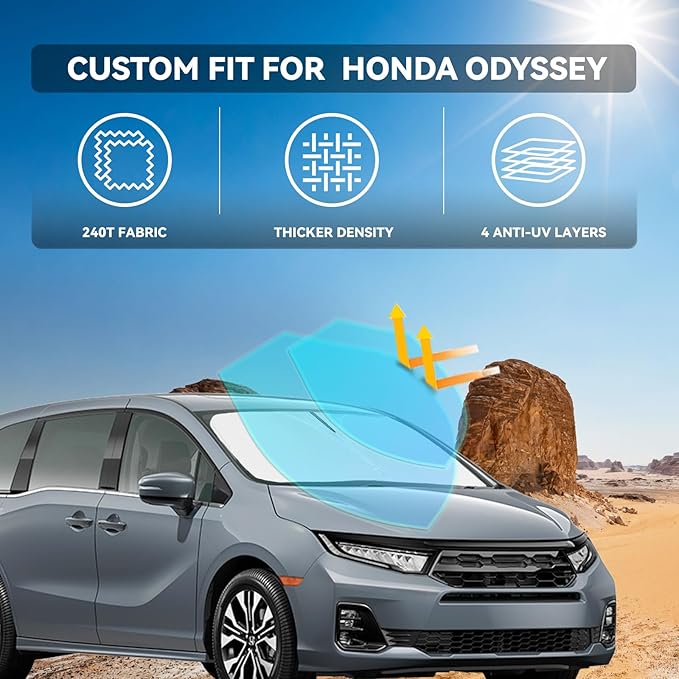 Sun Shade for Honda Odyssey Windshield Cover 2018-2024 2025 2026 4-Layer Front Window Shade Custom for Odyssey LX EX EX-L Touring Elite Sunshade 250T Shade Blocks UV Rays Cooler Car Accessories