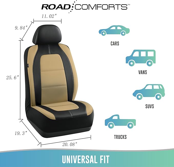 Road Comforts Car Seat Cover, Leather Car Seat Covers, Front Low Back Sport Seat Covers, Airbag Compatible, Universal Fits for Most Cars (Beige)