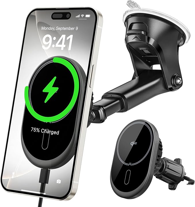 A2C for MagSafe Car Mount Charger, QI2 15W Wireless Car Charger with Dual Cooling Tech, Magnetic Car Charger for iPhone 17 16 15 14 13 12, Dash+Windshield+Vent Mount, PD 30W Adaptor Included