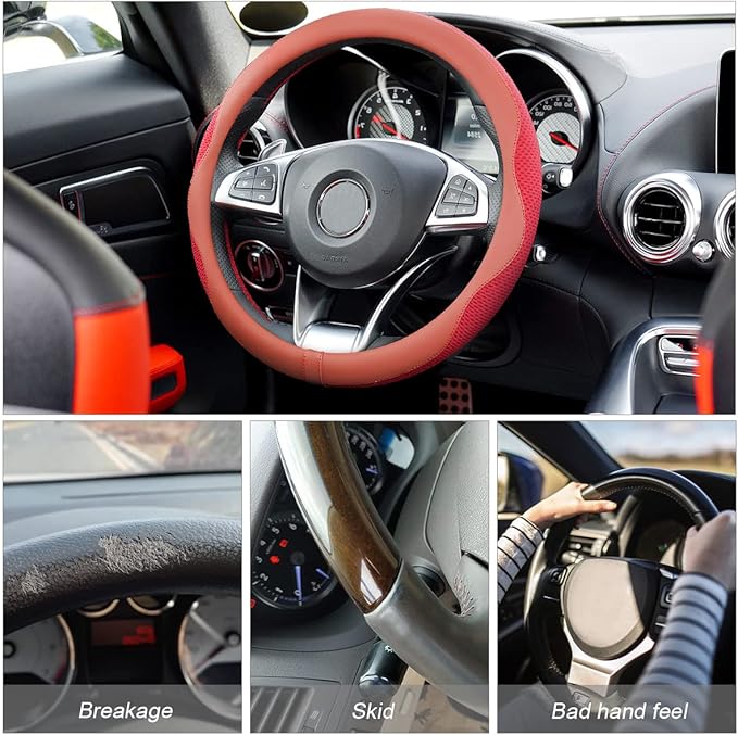 Car Steering Wheel Cover, Microfiber Breathable Ice Silk Leather Steering Wheel Cover Soft Anti-Slip Safety, 15inch Four Season Universal Fits for Most Truck,SUV,Cars (Red)