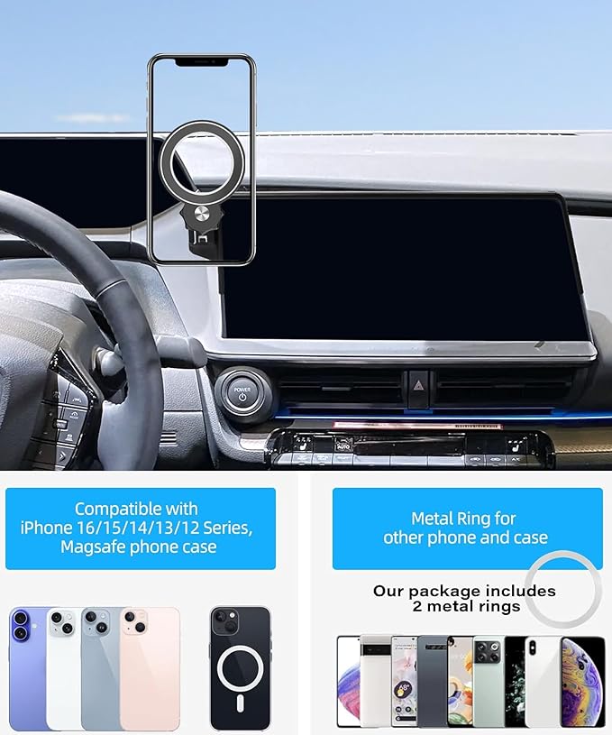 Car Phone Holder for Toyota Prius 2023 2024 2025 2026 Accessories Apply to 12.3 Inch Touch Screen Fixed Clip Magnetic Cell Phone Mount Hands-Free 360 Degree Rotation