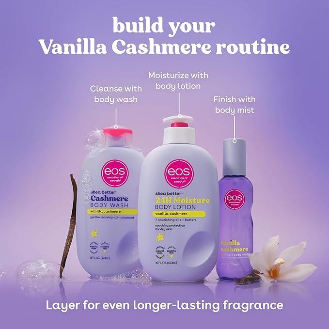 eos 24H Moisture Travel Body Lotion- Vanilla Cashmere,Travel Size Essential,Toiletries,Mini Body Lotion For Dry Skin,2.5 fl oz,(Pack of 2)