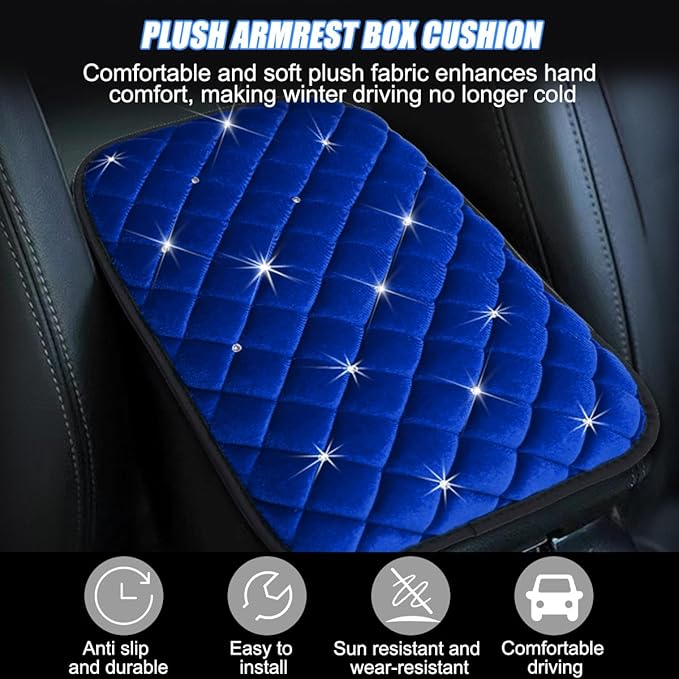 Mandark Bling Car Center Console Cover, Crystal Rhinestone Fluffy Automotive Armrest Seat Box Cushion Pad, Soft Comfortable Diamond Arm Rest Protection Mat, Universal Vehicle Accessories (Blue)