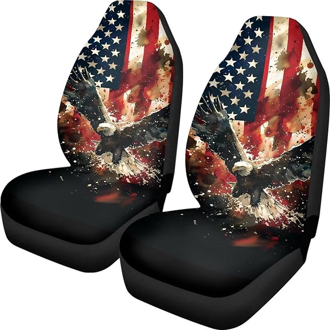 ELEQIN Car Front Seat Covers, Eagle US Flag Print 2 Pack Polyester Automotive Seat ProtectorsSoft & Breathable, Vehicle Interior Accessories for Most Cars