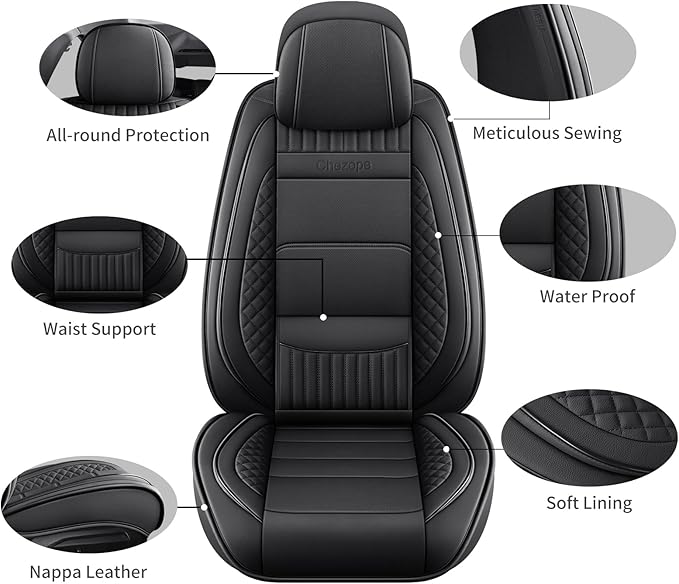 Chezope Leather Seat Covers, Black Car Seat Covers Front Pair, Breathable Car Seat Protectors, Wear-Resistant Car Accessories, Universal Fit for Most Cars,SUVs Truck (Black-Stripes, Front Pair)