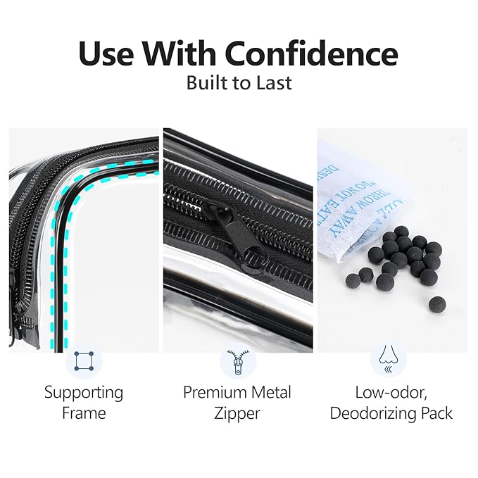 PACKISM TSA Approved Toiletry Bag - Clear Makeup Bag 3 Pack Medium, Metal Smooth Zipper Quart Size Bag for 3-1-1 Liquids, Travel Makeup Bag for Women Men, Airport Airline Compliant Bag, Black