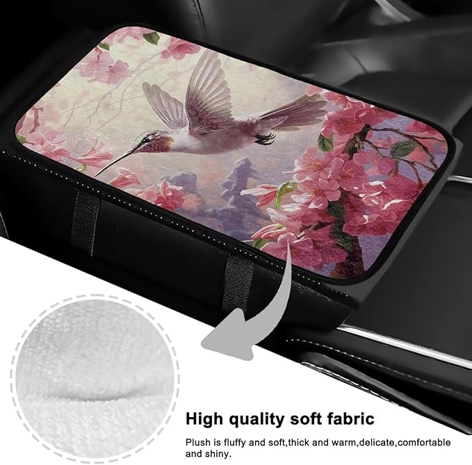 Cute Hummingbird Car Armrest Seat Box Cover Elastic Flannel Car Arm Rest Cushion Pad Scratch Resistant Middle Console Lid Protector Pad for Cars Trucks and SUVs