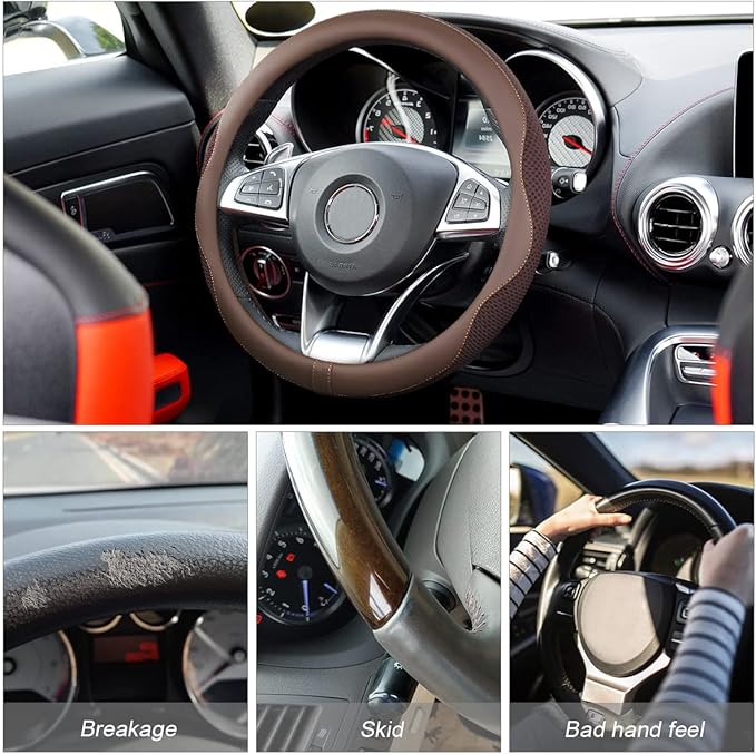 Car Steering Wheel Cover, Microfiber Breathable Ice Silk Leather Steering Wheel Cover Soft Anti-Slip Safety, 15inch Four Season Universal Fits for Most Truck,SUV,Cars (Coffee)
