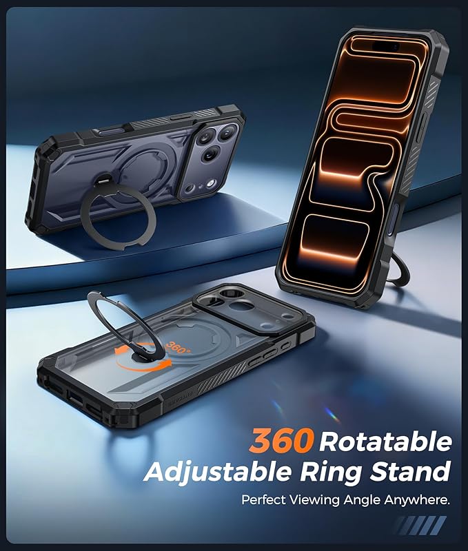 FNTCASE for iPhone 17 Pro-Max Case: [360 Spin Magnetic Ring Kickstand] [Compatible for MagSafe] [Screen Protector] Heavy Duty Military Grade Protection Protective Phone Case with Stand Black