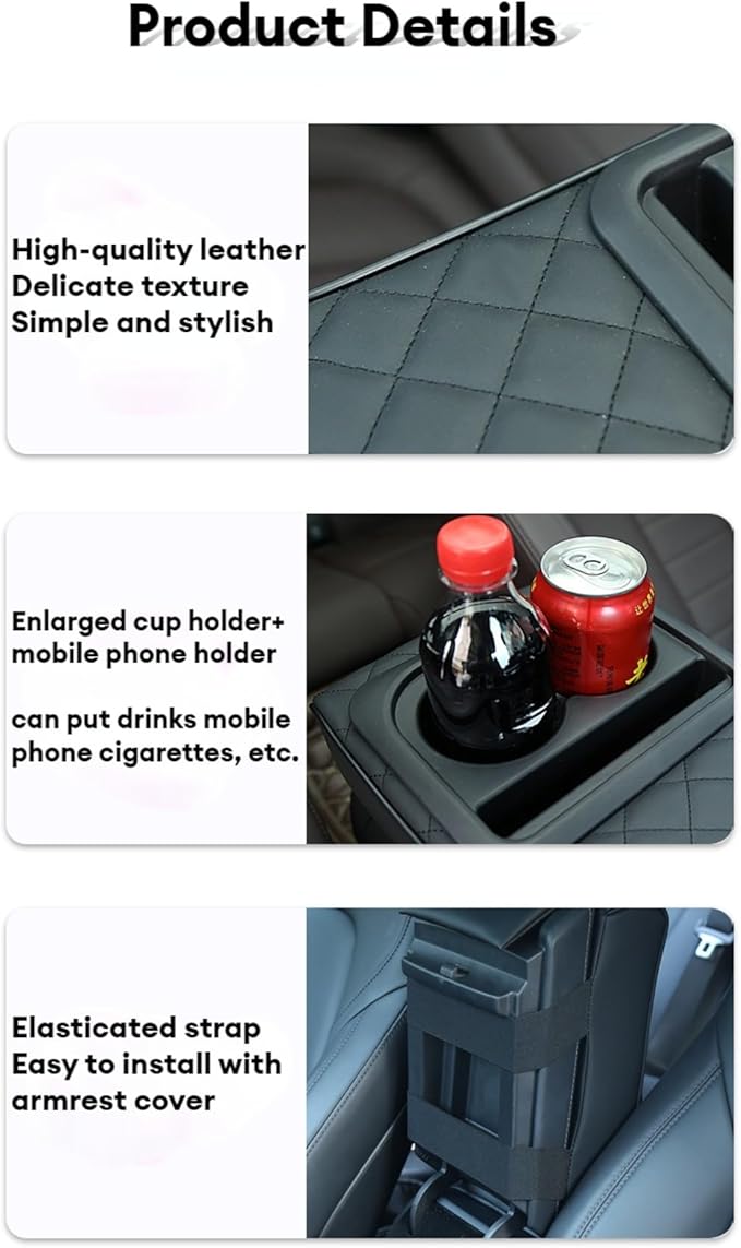 Center Console Cover Car Armrest Box Pad Leather Arm Rest Cushion with Cup Holder Mobile Phone Storage Armrest Protection Pad for Car (Grid Black, 13.58 * 8.07 * 2.95 inch)