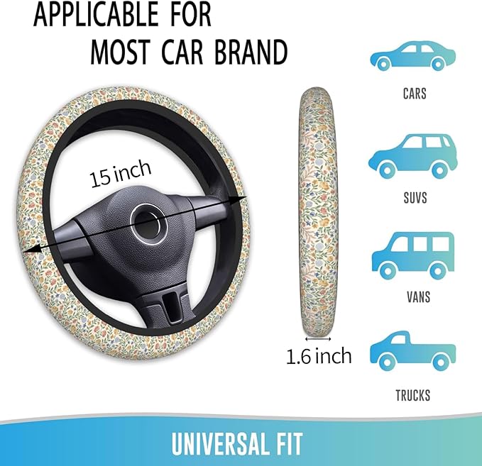 Elastic Steering Wheel Cover Car Accessories Cute Universal 15 Inch Absorbing Sweat Non-Slip Breathable for Woman - Green Floral