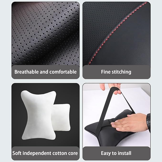 Car Pillow for Car Neck Pillow for Driving Seat Leather Neck Support Soft Cushion Support Head-Rests for Vehicle Sleeping with Elastic Adjustment Strap 2PCS (Neck, Red)