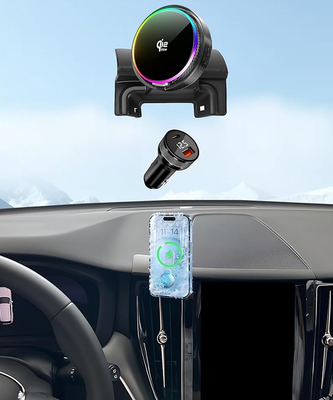 Qi2.2 25W Magnetic Car Mount Charger for 2018 2019 2020 2021 2022 2023 2024 2025 Volvo XC60 Accessories, for Fast Charging Cell Phone Holder Fixed Clip with Cooling Fan＆54W Fast Adapter