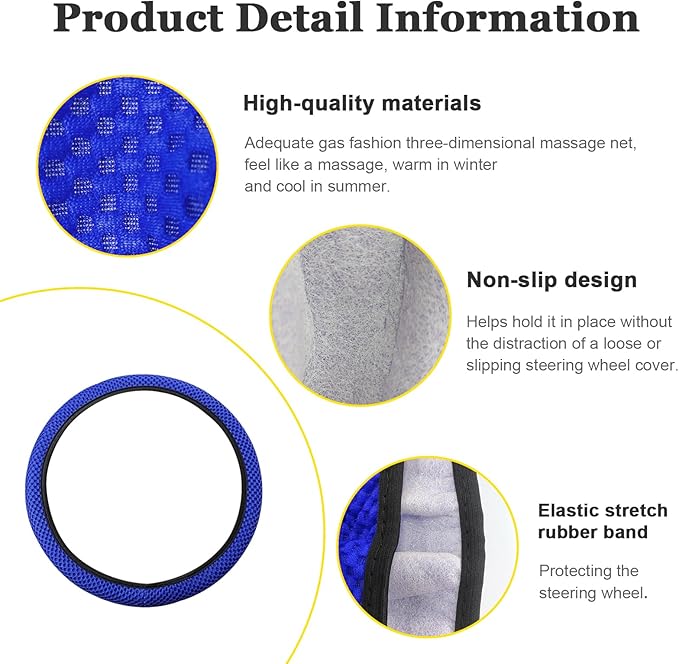 Kewucn Car Elastic Stretch Steering Wheel Cover, Soft Microfiber Breathable Ice Silk, Universal 15 Inch Anti-Slip Auto Steering Wheel Protector, Fit Car, SUV, Van, Sedan, Truck (Blue)